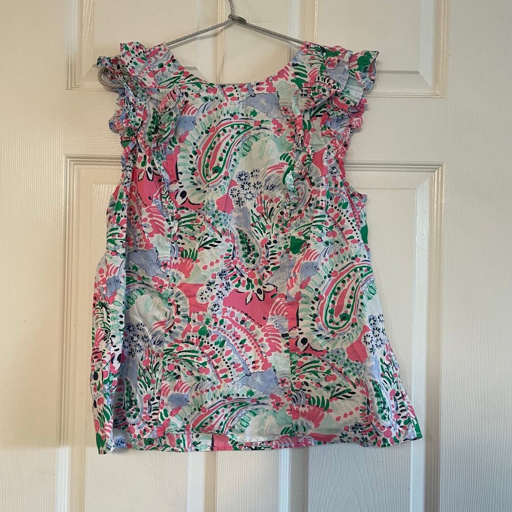 Crown & Ivy ruffle sleeve top with a multi-colored floral and paisley print Sz L